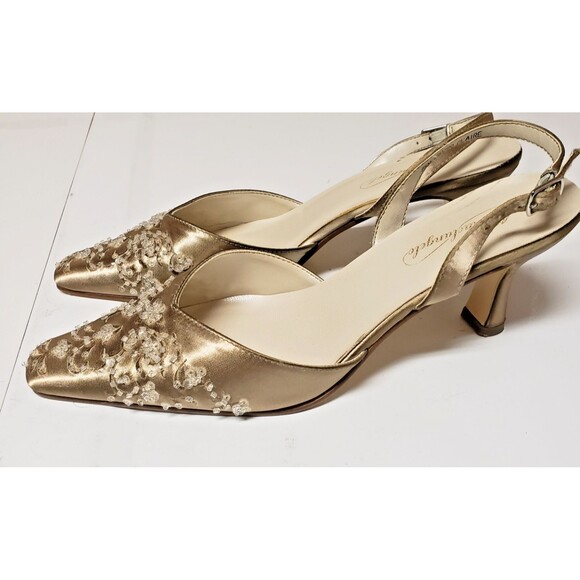 Michelangelo Champagne Satin Slingback Pointed Toe Kitten Heel Shoes Size 8.5 PO - Picture 2 of 14